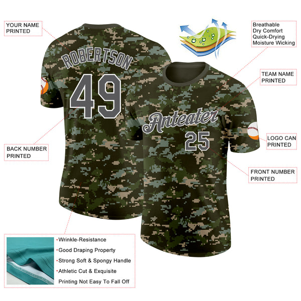 Custom Camo Steel Gray-White Woodland Digital Camouflage Pixel Salute To Service Performance T-Shirt