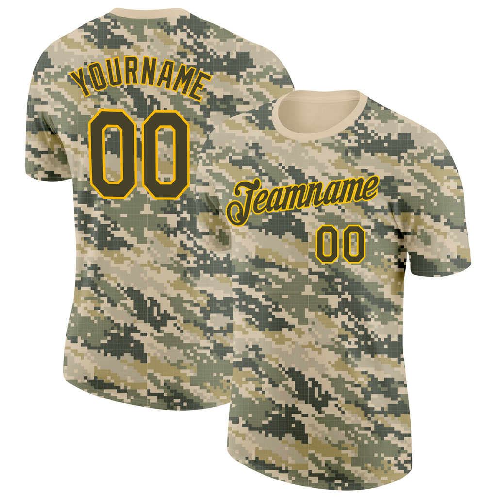 Custom Camo Olive-Gold Desert Digital Camouflage Pixel Salute To Service Performance T-Shirt