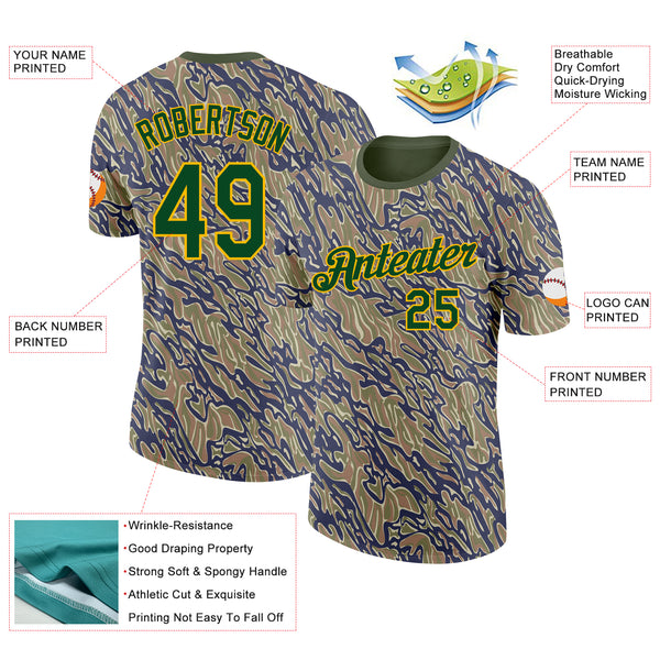 Custom Camo Green-Gold Tiger Stripe Camouflage Salute To Service Performance T-Shirt