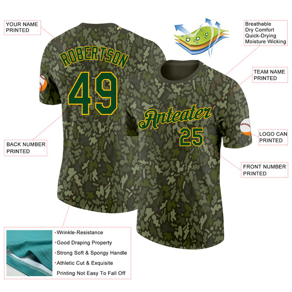 Custom Camo Green-Gold Woodland Forest Digital Camouflage Salute To Service Performance T-Shirt