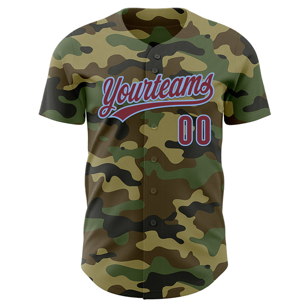 Custom Camo Burgundy-Light Blue Authentic Salute To Service Baseball Jersey