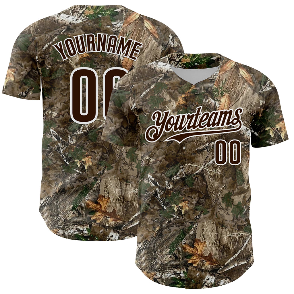 Custom Camo Brown-White Woodland Forest Camouflage Authentic Salute To Service Baseball Jersey
