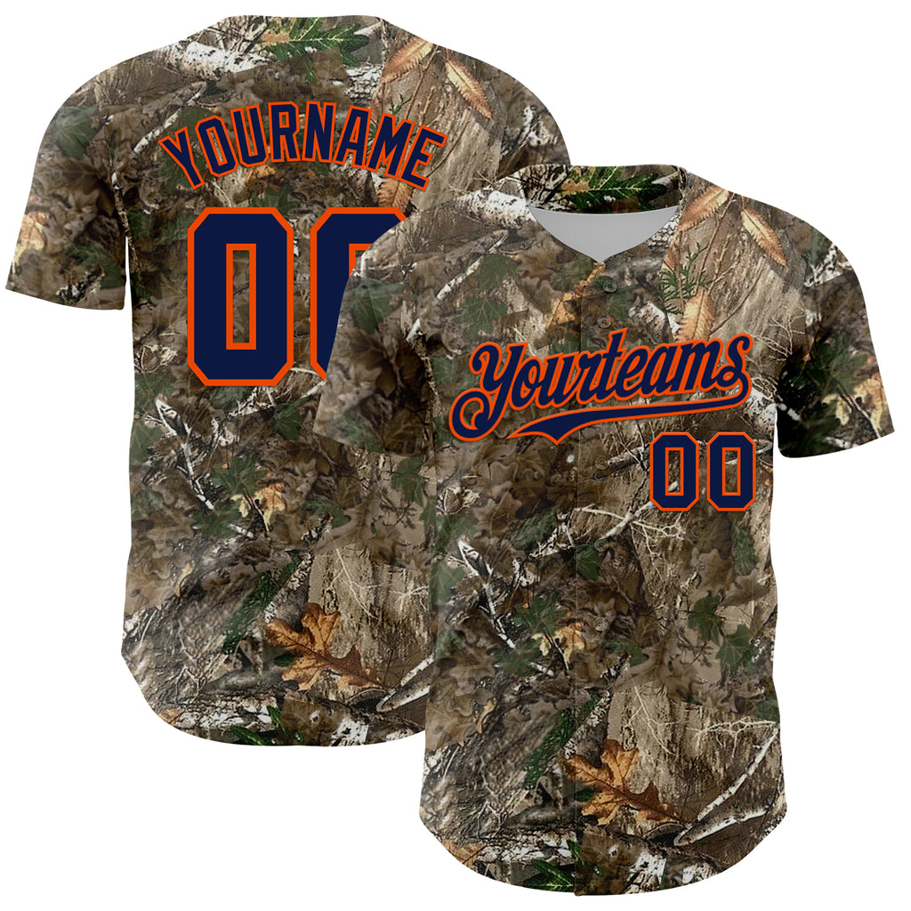 Custom Camo Navy-Orange Woodland Forest Camouflage Authentic Salute To Service Baseball Jersey