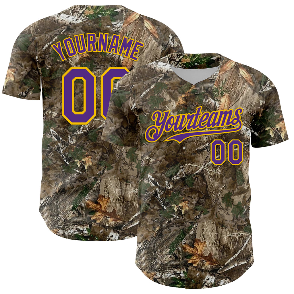 Custom Camo Purple-Yellow Woodland Forest Camouflage Authentic Salute To Service Baseball Jersey