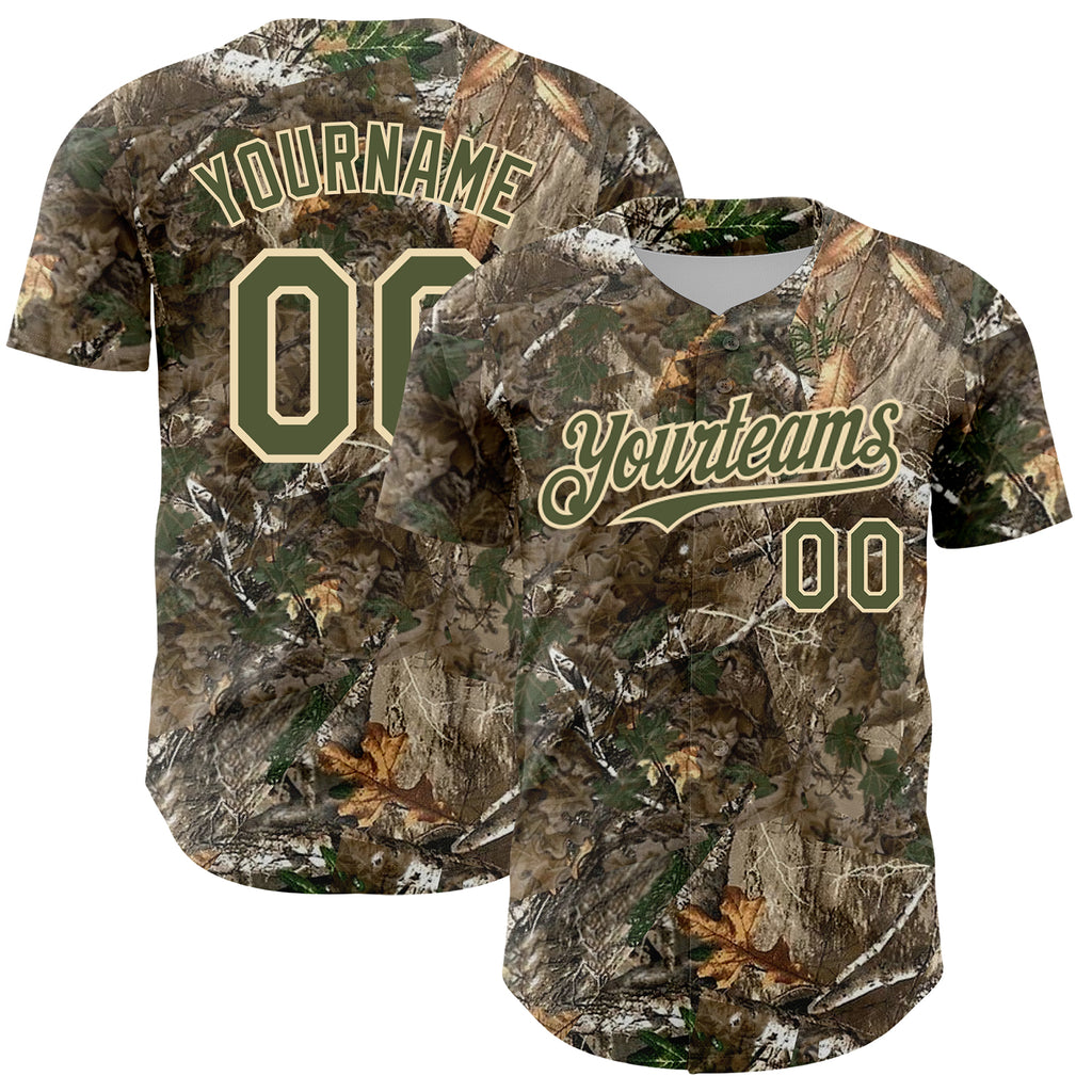 Custom Camo Olive-Cream Woodland Forest Camouflage Authentic Salute To Service Baseball Jersey