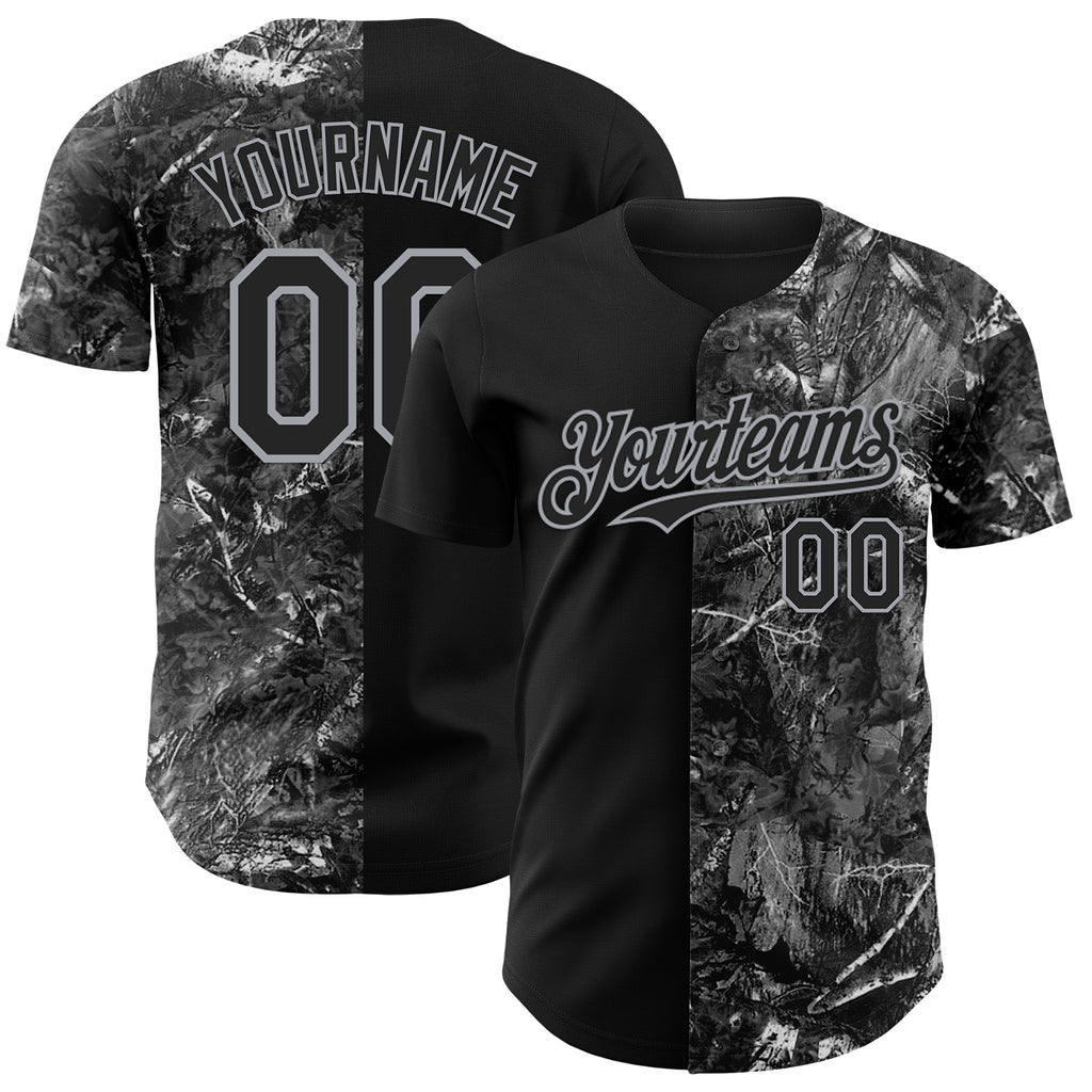 Custom Camo Black-Gray Woodland Forest Camouflage Split Authentic Salute To Service Baseball Jersey