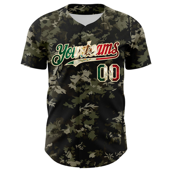 Custom Camo Vintage Mexican Flag Cream-Black Woodland Forest Tactical Camouflage Outdoor Leaf Authentic Baseball Jersey