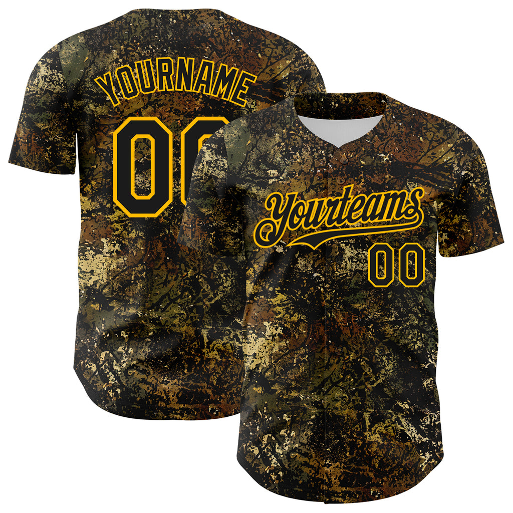 Custom Camo Black-Gold Woodland Forest Tactical Camouflage Outdoor Leaf Authentic Baseball Jersey