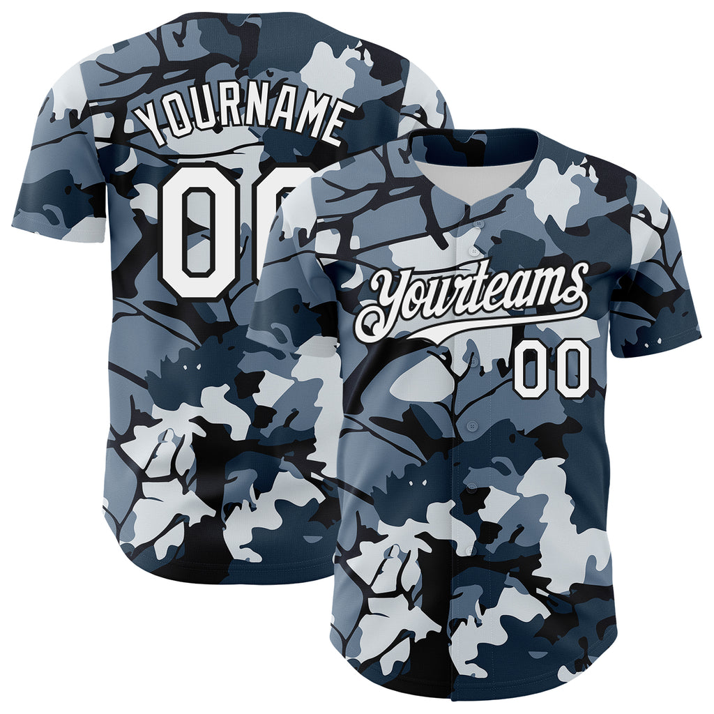 Custom Camo White-Black Woodland Forest Tactical Camouflage Outdoor Leaf Authentic Baseball Jersey