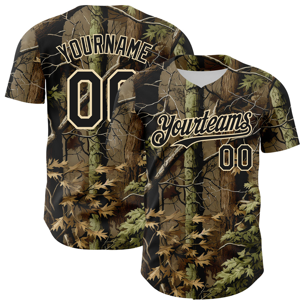 Custom Camo Black-Cream Woodland Forest Tactical Camouflage Outdoor Leaf Authentic Baseball Jersey