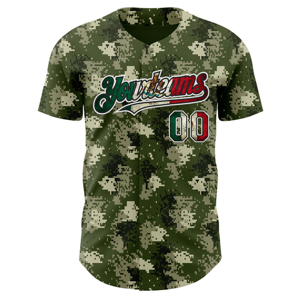 Custom Camo Vintage Mexican Flag Black White-Fire Red Digital Camouflage Authentic Baseball Jersey