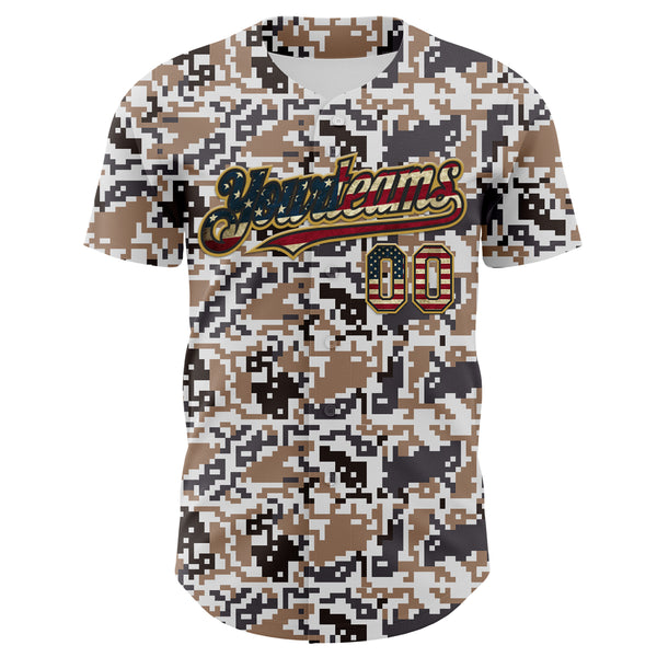 Custom Camo Vintage USA Flag Black-Old Gold Digital Camouflage Authentic Baseball Jersey