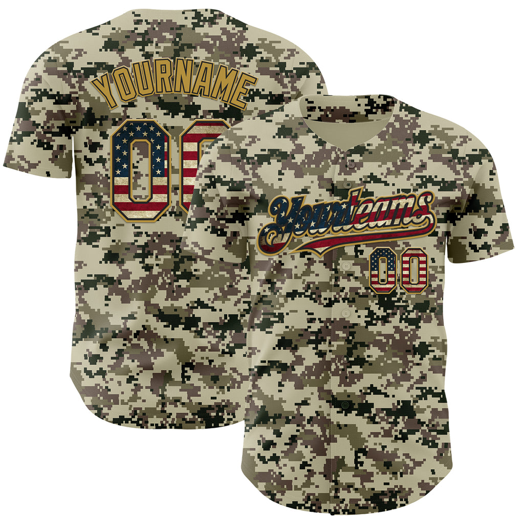 Custom Camo Vintage USA Flag Black-Old Gold Digital Camouflage Authentic Baseball Jersey
