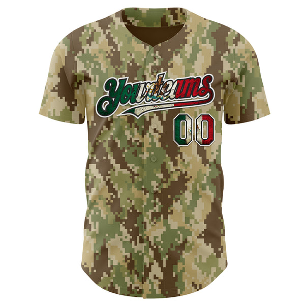 Custom Camo Vintage Mexican Flag Black White-Fire Red Digital Camouflage Authentic Baseball Jersey