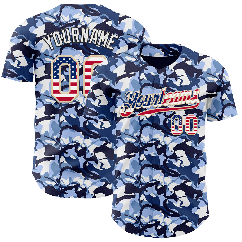 Custom Camo USA Flag City Cream Black-White Blue Ocean Camouflage Authentic Baseball Jersey