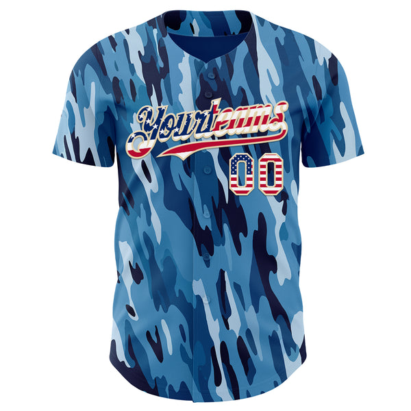 Custom Camo USA Flag City Cream-Black Blue Ocean Camouflage Authentic Baseball Jersey