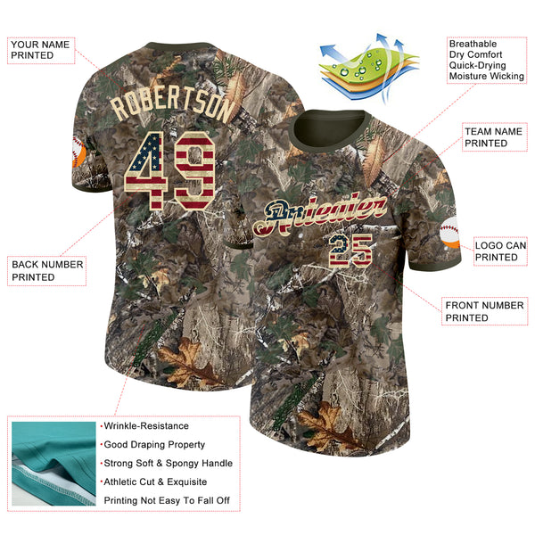 Custom Camo Vintage USA Flag Cream-Olive Woodland Camouflage Salute To Service Performance T-Shirt