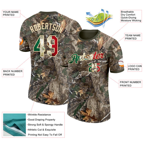 Custom Camo Vintage Mexican Flag Cream-Olive Woodland Camouflage Salute To Service Performance T-Shirt