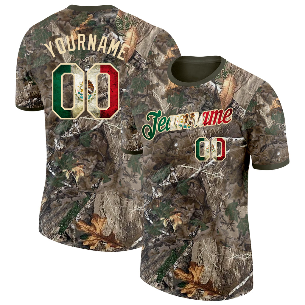Custom Camo Vintage Mexican Flag Cream-Olive Woodland Camouflage Salute To Service Performance T-Shirt