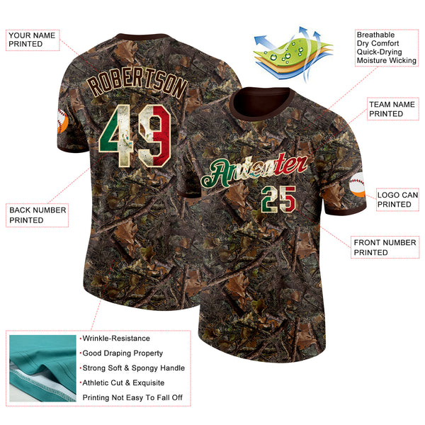 Custom Camo Vintage Mexican Flag Cream-Brown Woodland Camouflage Salute To Service Performance T-Shirt