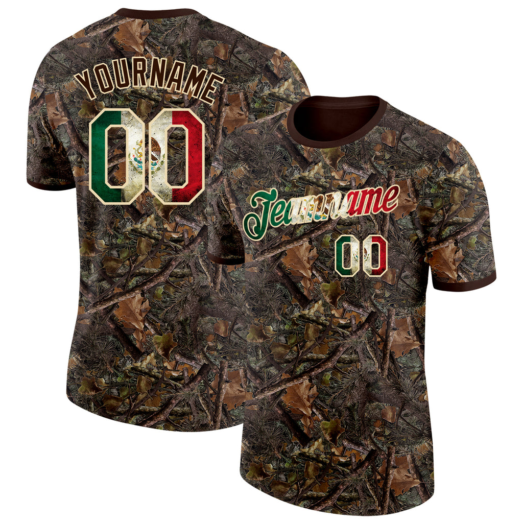 Custom Camo Vintage Mexican Flag Cream-Brown Woodland Camouflage Salute To Service Performance T-Shirt