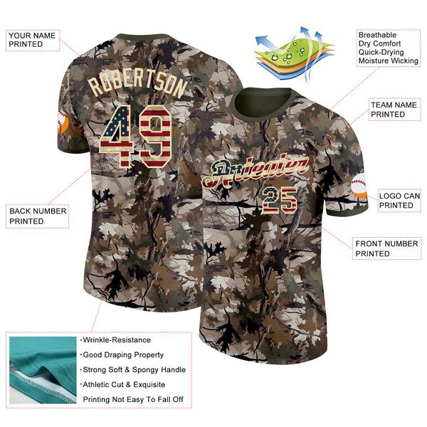 Custom Camo Vintage USA Flag Cream-Olive Woodland Camouflage Salute To Service Performance T-Shirt