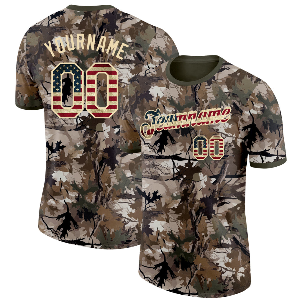 Custom Camo Vintage USA Flag Cream-Olive Woodland Camouflage Salute To Service Performance T-Shirt
