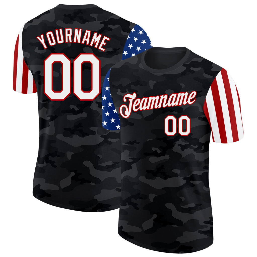 Custom Camo White Red-Black Two Tone USA Flag Sleeves Stars and Stripes Salute To Service Performance T-Shirt