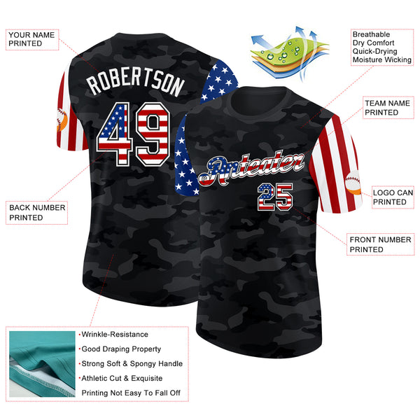 Custom Camo USA Flag Black-White Two Tone Stars and Stripes Salute To Service Performance T-Shirt