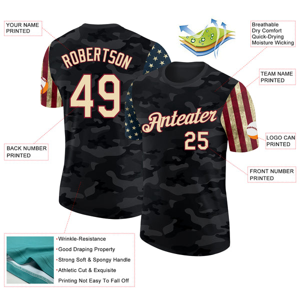 Custom Camo Cream Crimson-Black Two Tone USA Flag Sleeves Stars and Stripes Salute To Service Performance T-Shirt