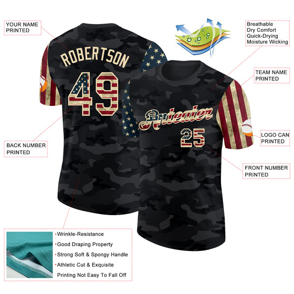 Custom Camo Vintage USA Flag Cream-Black Two Tone Stars and Stripes Salute To Service Performance T-Shirt