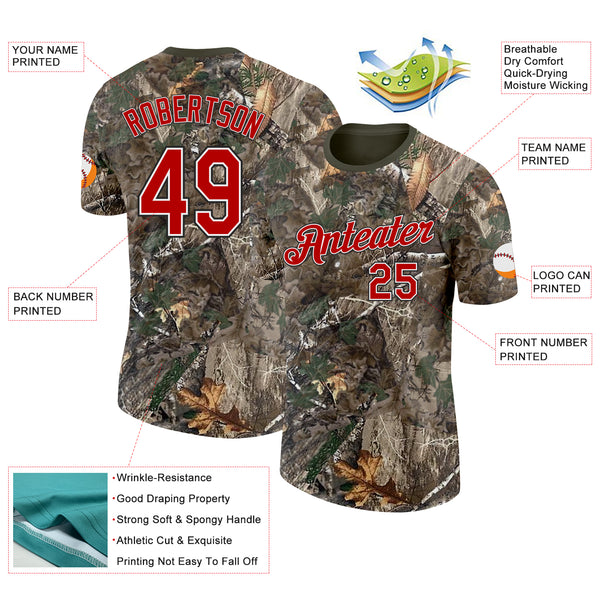Custom Camo Red White Black-Olive Woodland Camouflage Salute To Service Performance T-Shirt