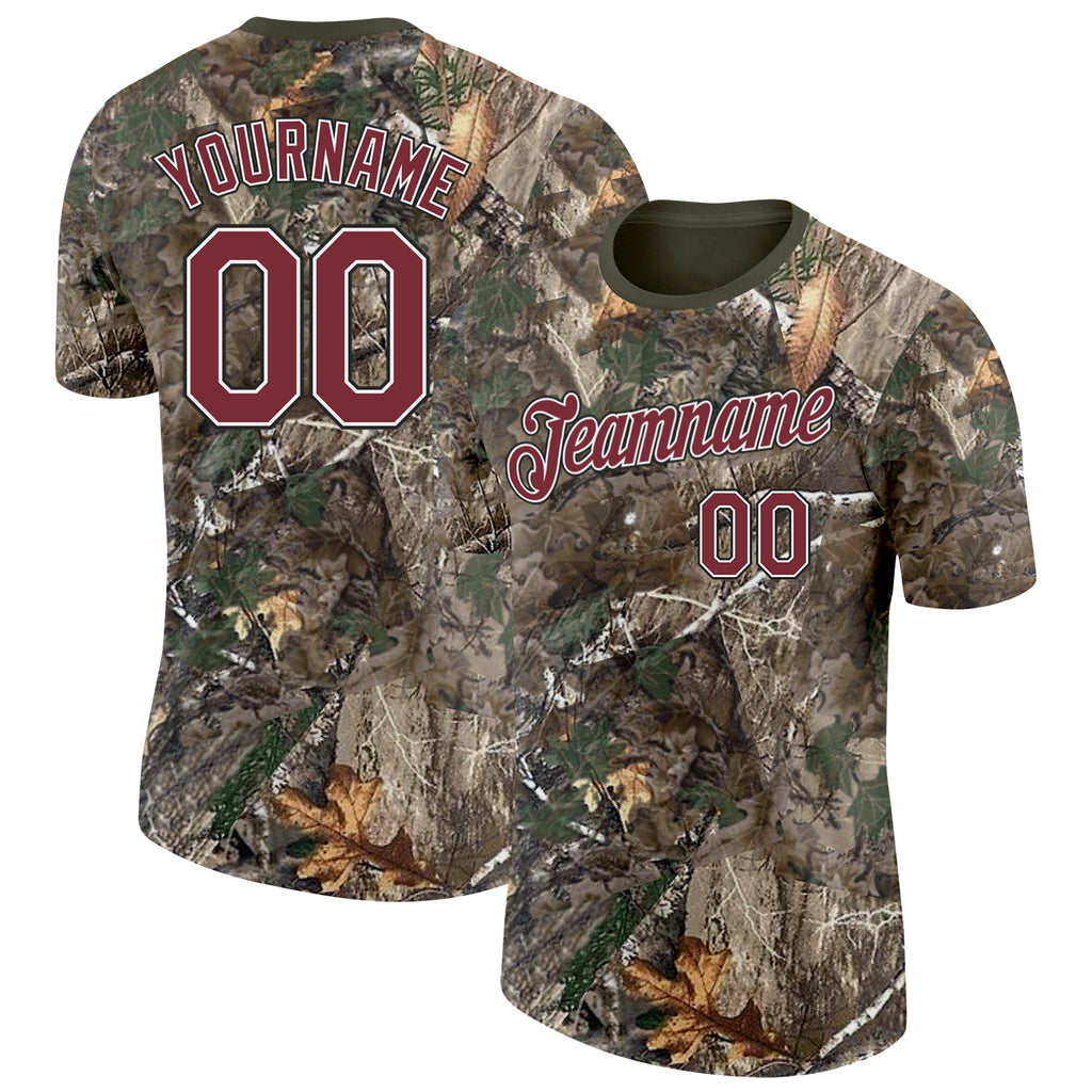Custom Camo Burgundy White Black-Olive Woodland Camouflage Salute To Service Performance T-Shirt