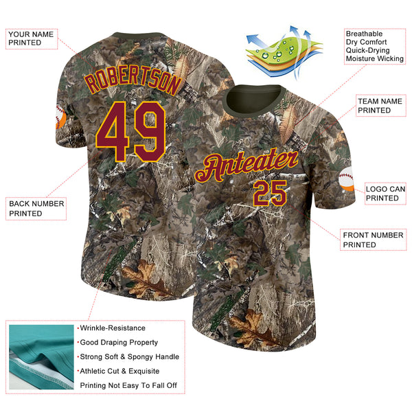 Custom Camo Crimson Gold-Olive Woodland Camouflage Salute To Service Performance T-Shirt