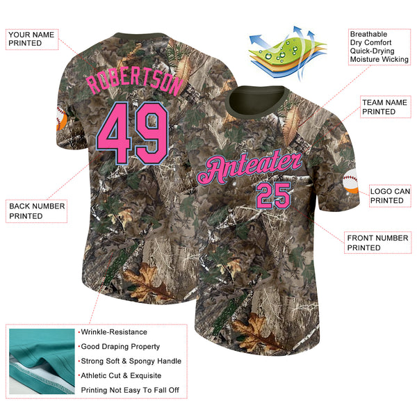 Custom Camo Pink Black Light Blue-Olive Woodland Camouflage Salute To Service Performance T-Shirt