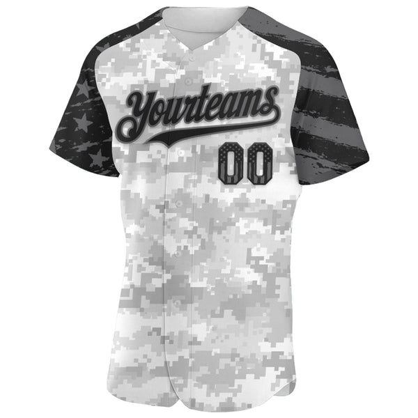 Custom Camo USA Flag Black-Steel Gray Stars & Stripes Raglan Sleeves Salute To Service Authentic Baseball Jersey