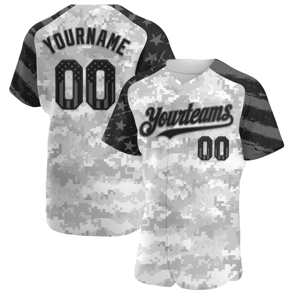 Custom Camo USA Flag Black-Steel Gray Stars & Stripes Raglan Sleeves Salute To Service Authentic Baseball Jersey