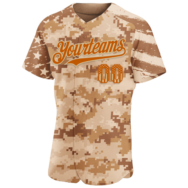 Custom Camo USA Flag Texas Orange Vegas Gold-Brown Stars & Stripes Raglan Sleeves Salute To Service Authentic Baseball Jersey