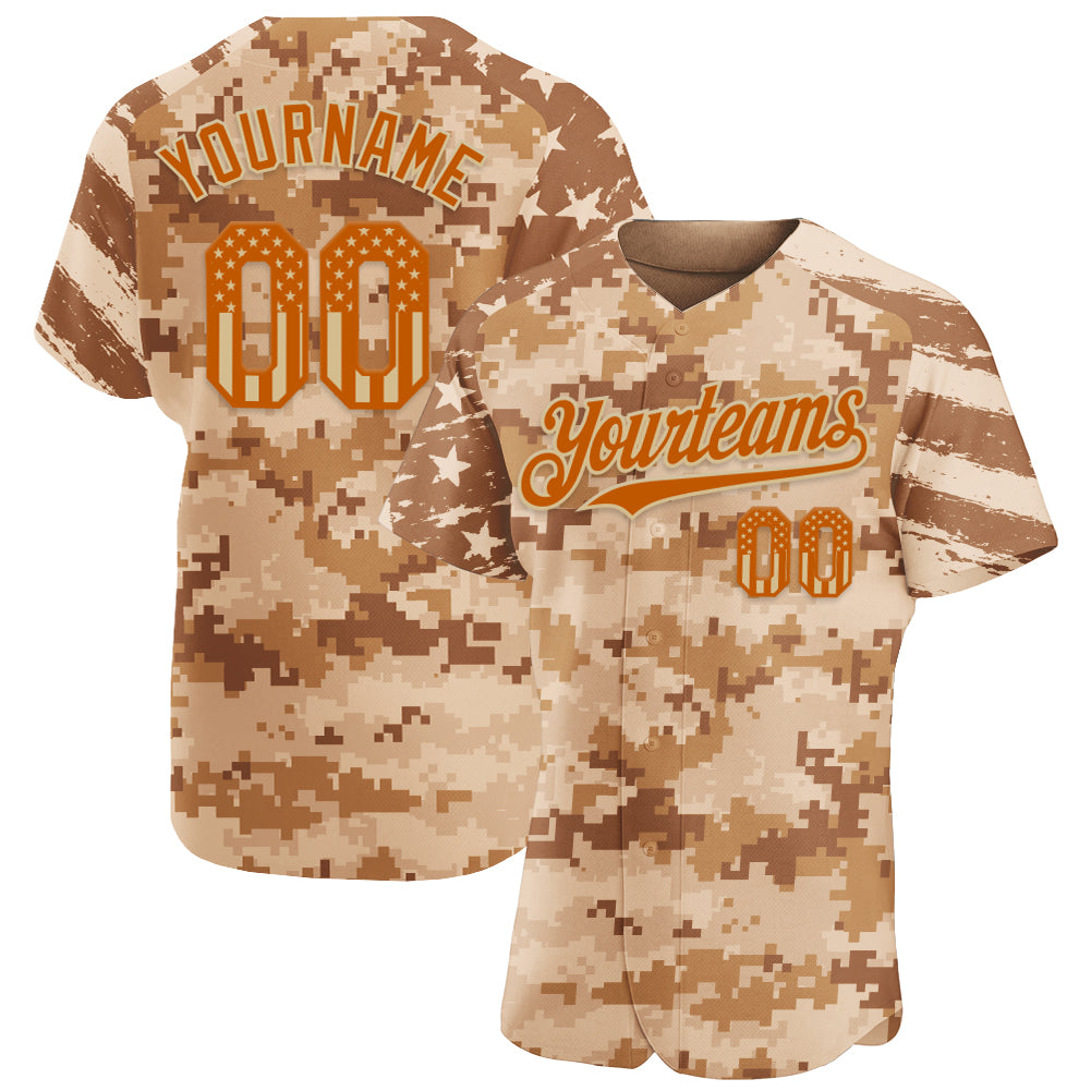 Custom Camo USA Flag Texas Orange Vegas Gold-Brown Stars & Stripes Raglan Sleeves Salute To Service Authentic Baseball Jersey