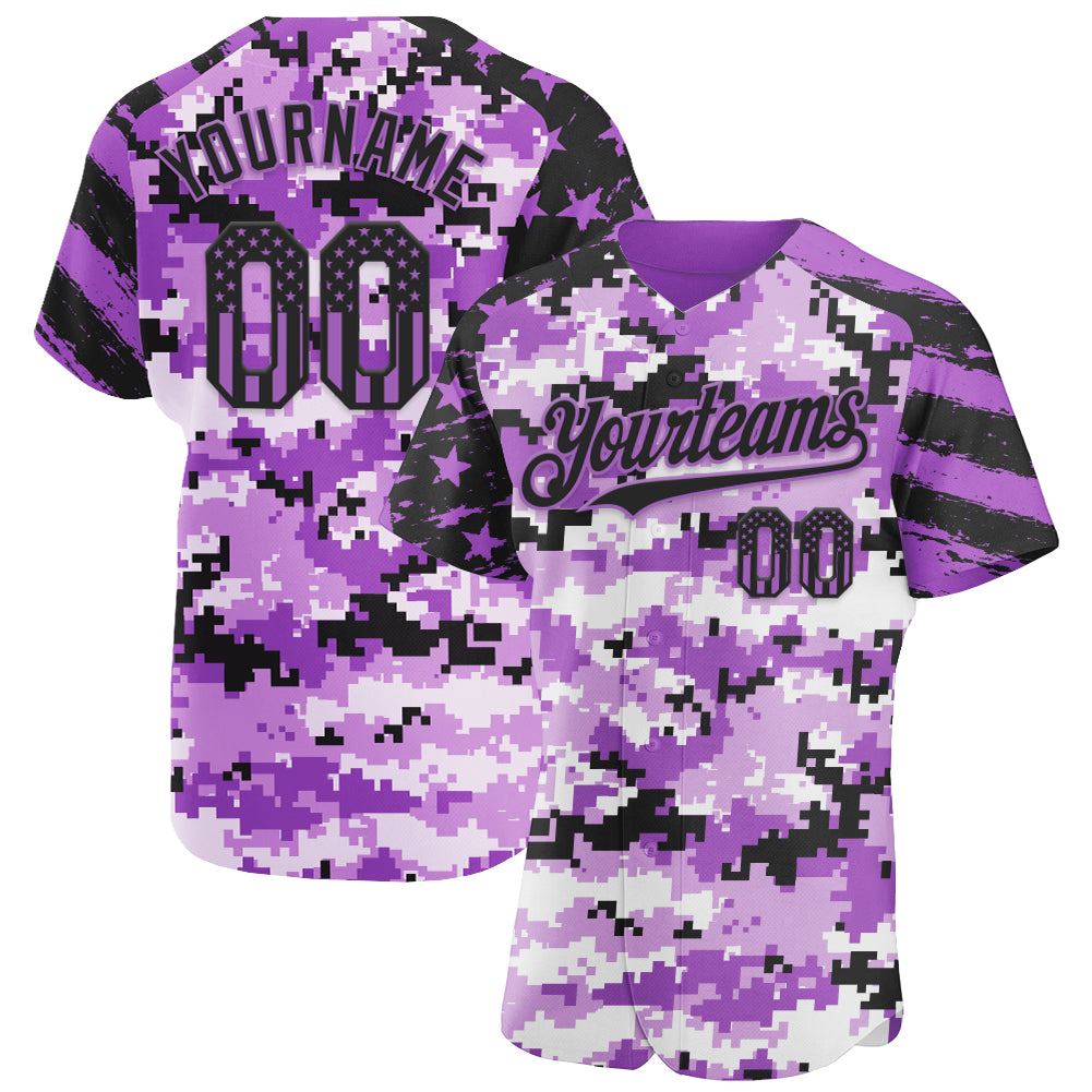 Custom Camo USA Flag Black-Medium Purple Stars & Stripes Raglan Sleeves Salute To Service Authentic Baseball Jersey