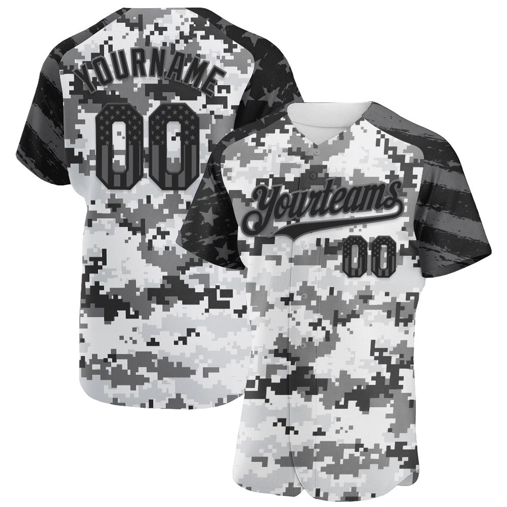 Custom Camo USA Flag Black-Steel Gray Stars & Stripes Raglan Sleeves Salute To Service Authentic Baseball Jersey