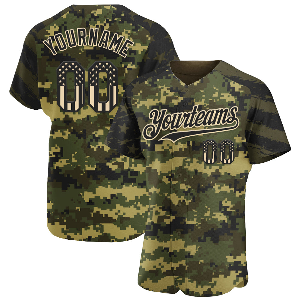 Custom Camo USA Flag Black City Cream-Olive Stars & Stripes Raglan Sleeves Salute To Service Authentic Baseball Jersey