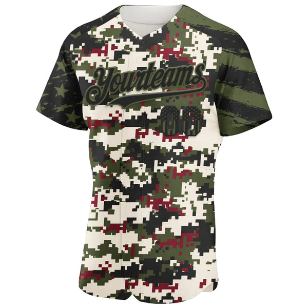 Custom Camo USA Flag Black-Olive Stars & Stripes Raglan Sleeves Salute To Service Authentic Baseball Jersey