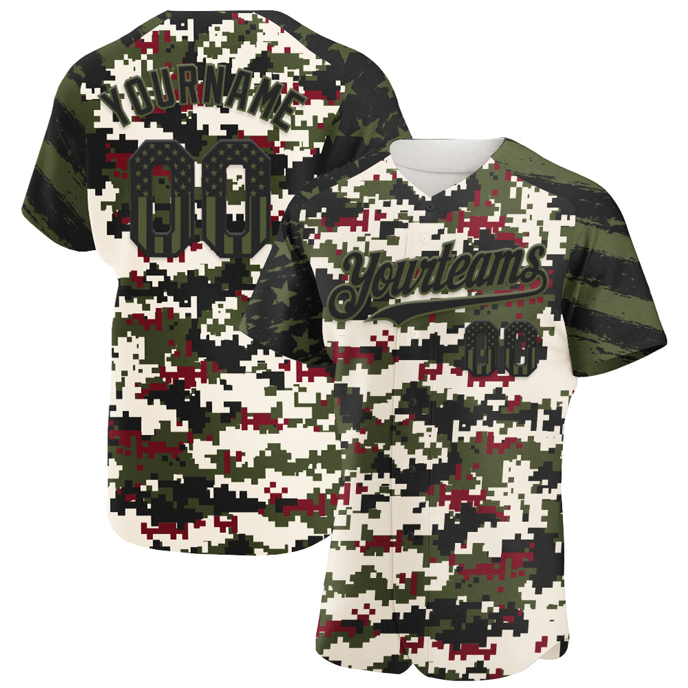 Custom Camo USA Flag Black-Olive Stars & Stripes Raglan Sleeves Salute To Service Authentic Baseball Jersey