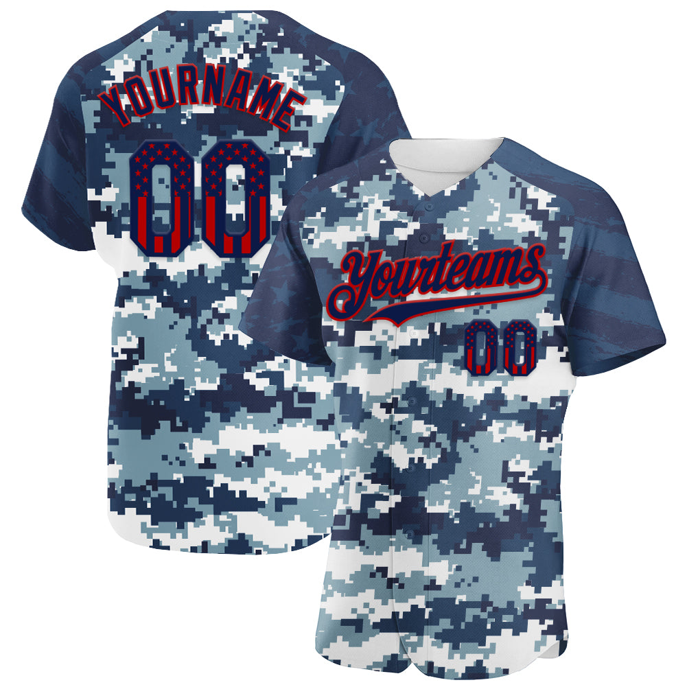 Custom Camo USA Flag Navy Red-US Navy Blue Stars & Stripes Raglan Sleeves Salute To Service Authentic Baseball Jersey