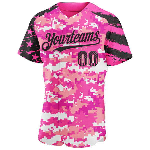Custom Camo USA Flag Black-Pink Stars & Stripes Raglan Sleeves Salute To Service Authentic Baseball Jersey