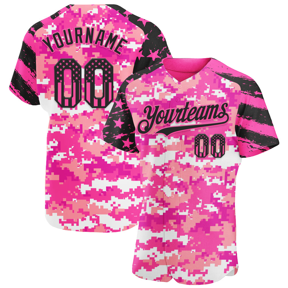 Custom Camo USA Flag Black-Pink Stars & Stripes Raglan Sleeves Salute To Service Authentic Baseball Jersey