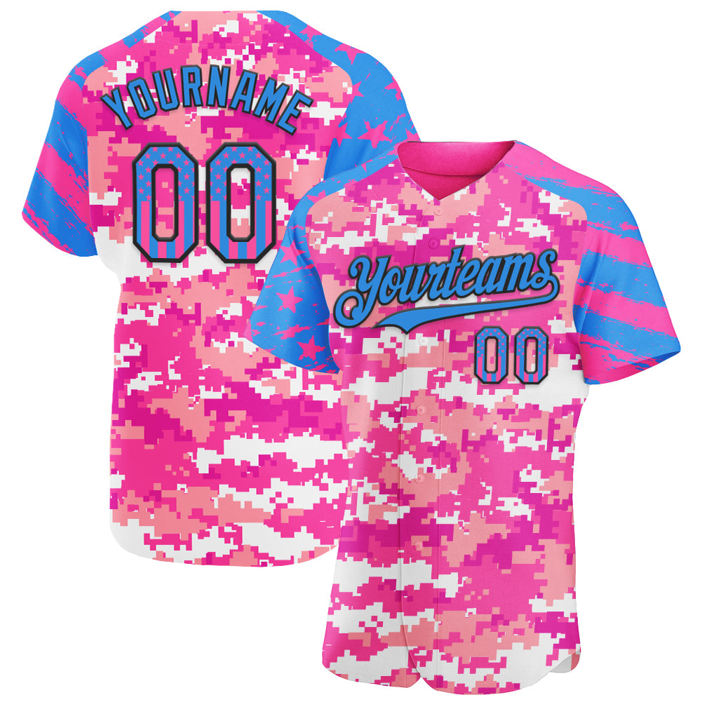 Custom Camo USA Flag Black Electric Blue-Pink Stars & Stripes Raglan Sleeves Salute To Service Authentic Baseball Jersey