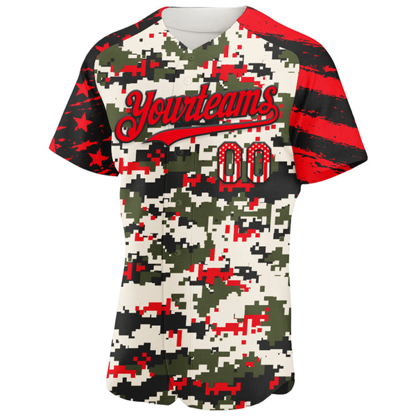 Custom Camo USA Flag Black-Fire Red Stars & Stripes Raglan Sleeves Salute To Service Authentic Baseball Jersey