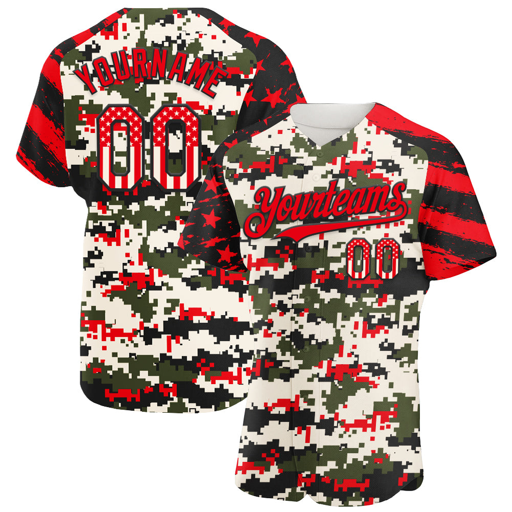 Custom Camo USA Flag Black-Fire Red Stars & Stripes Raglan Sleeves Salute To Service Authentic Baseball Jersey